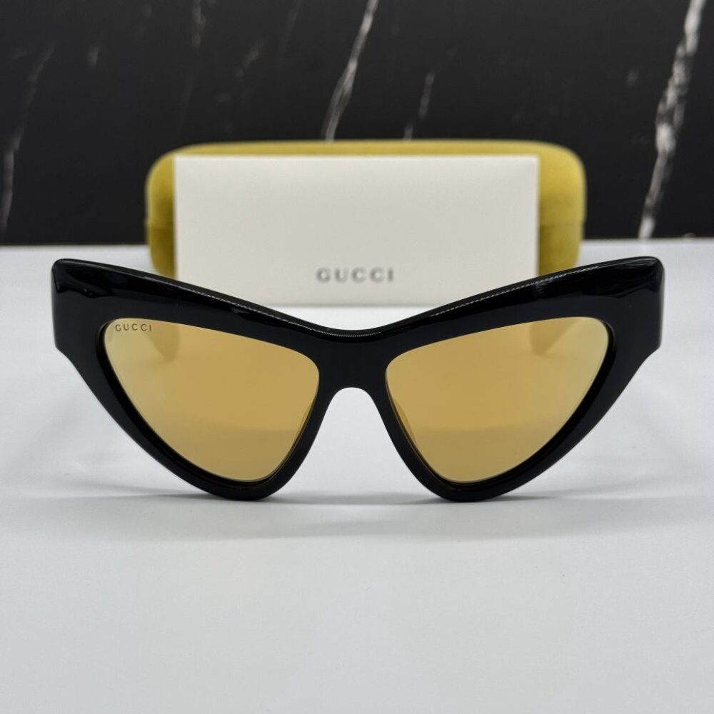 NEW GG1294S 002 GUCCI SUNGLASSES SHINY BLACK GOLD CAT EYE WOMEN EYEWEAR GUCCI - Picture 1 of 13